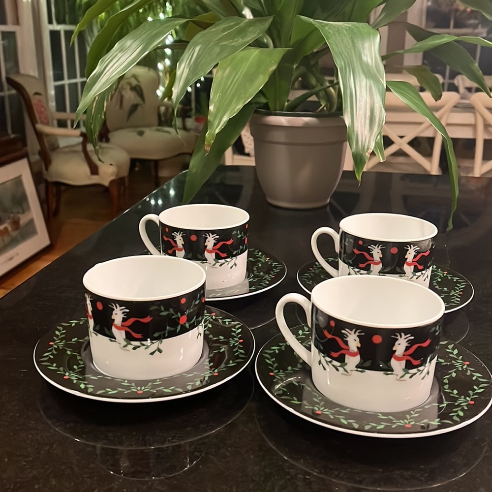 Cocky Twos Holiday Cup & Saucer - Bridget Dobson - Set of 4